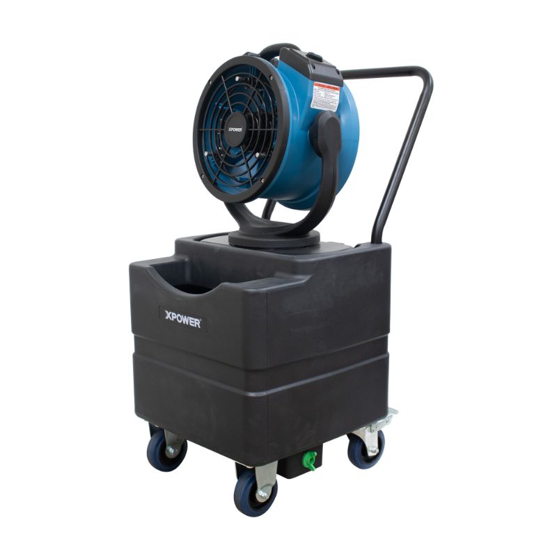 XPOWER FM-68WK Multi-purpose Misting Fan with Built-In Water Pump & WT-45 Mobile Water Reservoir right angle view