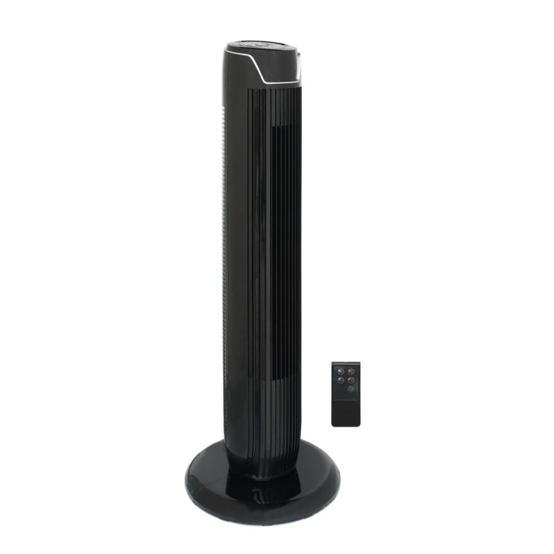 SPT SF-1536BK: Tower Fan with Remote and Timer in Black - Left Front W/ Remote