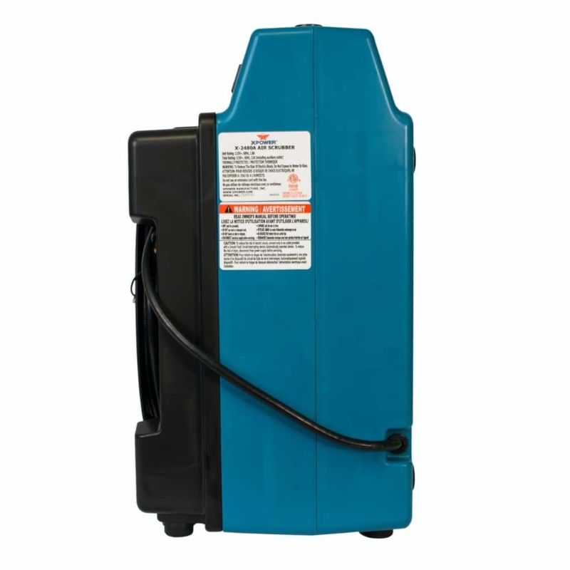 XPOWER X-2480A Professional 3-Stage HEPA Mini Air Scrubber in blue - side view specifications