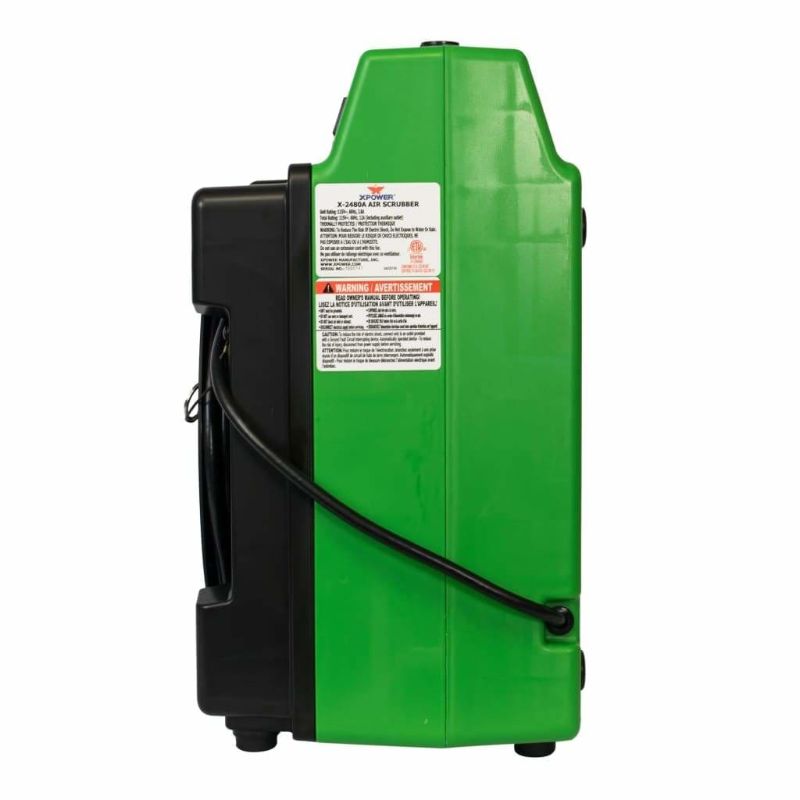 XPOWER X-2480A Professional 3-Stage HEPA Mini Air Scrubber in green side view specifications