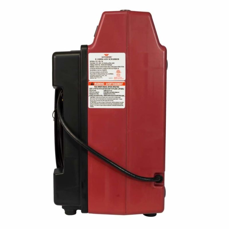 XPOWER X-2480A Professional 3-Stage HEPA Mini Air Scrubber in red side specifications view