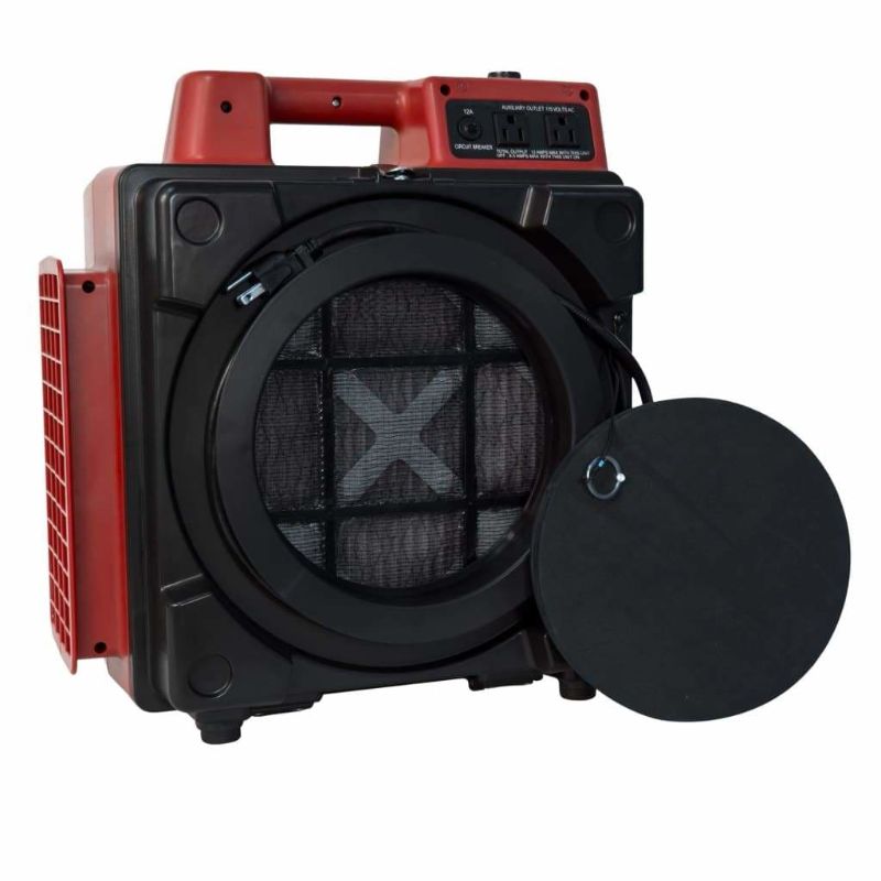 XPOWER X-2480A Professional 3-Stage HEPA Mini Air Scrubber in red front angled right cover off view