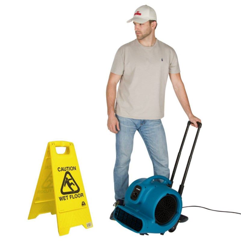 XPOWER X-830H 1 HP Air Mover w/ Telescopic Handle & Wheels - Telescopic handle w/ Caution Sign