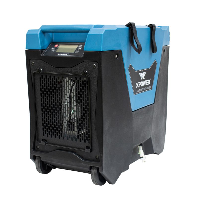 XPOWER XD-85L2 85 PPD Commercial LGR Dehumidifier with Automatic Purge Pump - Right Front View Blue
