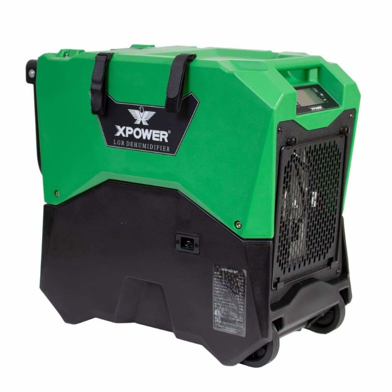 XPOWER XD-85LH 145-Pint LGR Commercial Dehumidifier with Automatic Purge Pump - Green Side Angled Toward Left