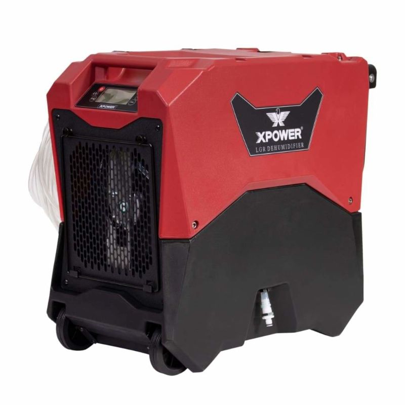 XPOWER XD-85LH 145-Pint LGR Commercial Dehumidifier with Automatic Purge Pump - Red Front Angled Left