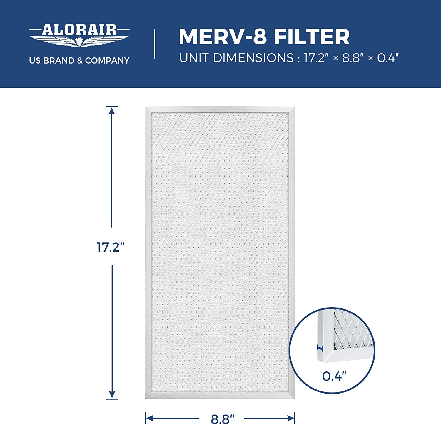AlorAir Sentinel Dehumidifier Filter for Enhanced Airflow and Air Quality. Unit dimensions for MERV-8 Filter. 17.2" x 8.8" x 0.4".