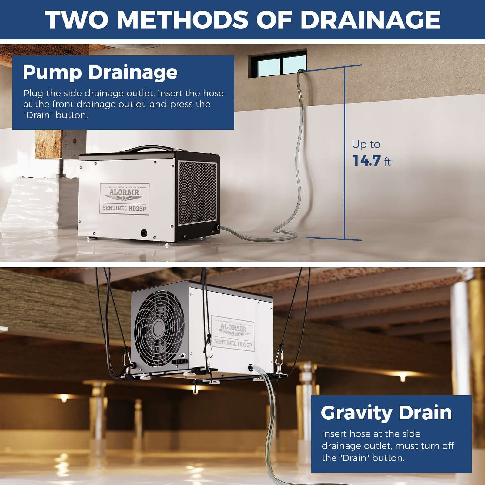 Powerful Moisture Removal with AlorAir Sentinel HD35P 70-Pint Dehumidifier with it's Pump Drainage and Gravity Drain