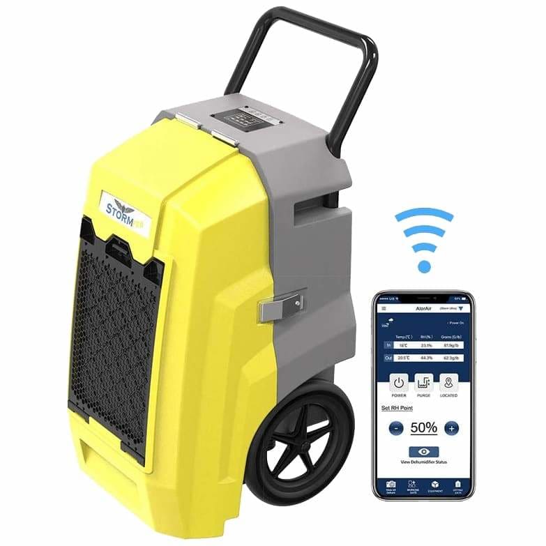 AlorAir Storm Pro 180 PPD Commercial Dehumidifier with Pump and Drain Hose in yellow, side angle view