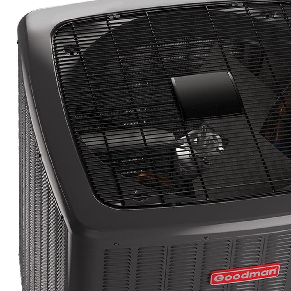 Goodman 2 Ton 18 SEER Stage Air Conditioner Condenser - Close Up Top Left