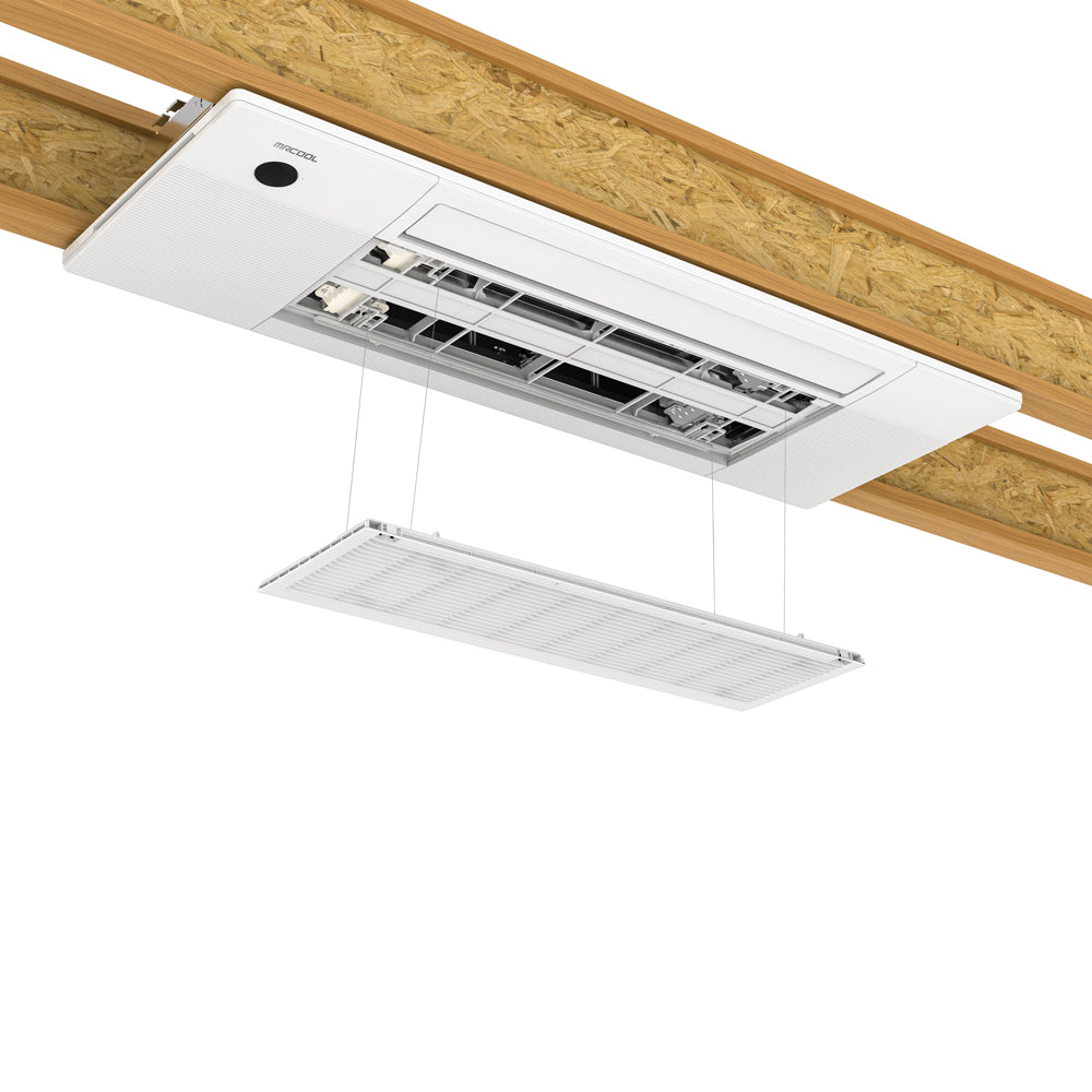 Front Grate of ceiling cassette removed for Smart MrCool DIY 4th Gen Mini Split AC System with 4-Zone Heat Pump